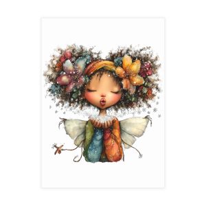 Whimsical Fairy Art Greeting Card – Illustrated Floral Girl with Curly Hair – Blank Inside Card – Afro Fairy Artwork – Cute Magical Stationery envelopes included